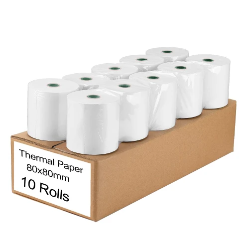 Thermal paper cash register receipt roll, 80 by 80mm.