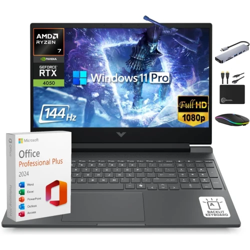 HP Victus 15.6" Gaming Laptop 144Hz 2025-2026 Business, AI Computer, Lifetime Office, Ryzen 7 7445HS, NVIDIA RTX 4050, 16GB RAM, 1TB Storage (512GB SSD+500GB Ext), Backlit KB, MarxsolAddon, Win 11 Pro